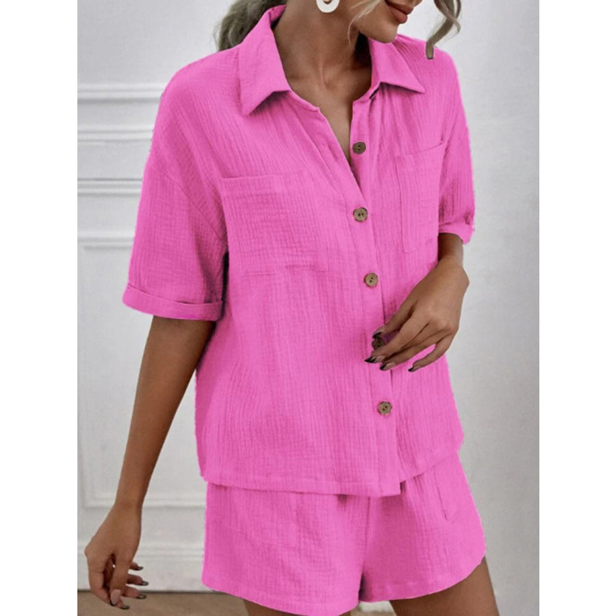 Button Up Short Sleeve Top and Shorts Set Fuchsia Pink / S Apparel and Accessories