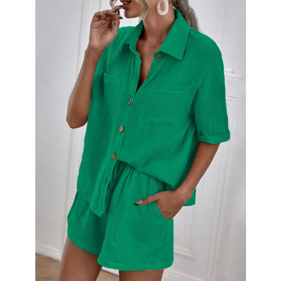 Button Up Short Sleeve Top and Shorts Set Green / S Apparel and Accessories