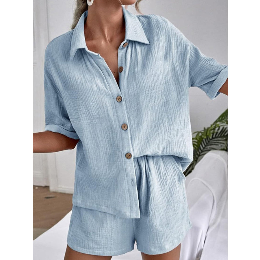 Button Up Short Sleeve Top and Shorts Set Light Blue / S Apparel and Accessories