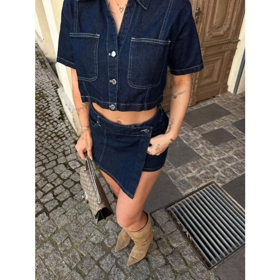 Button Up Short Sleeve Top and Skort Denim Set Apparel and Accessories