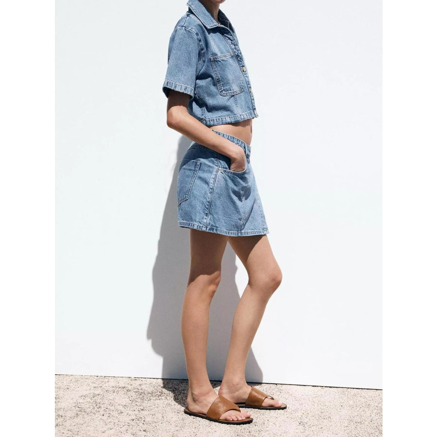 Button Up Short Sleeve Top and Skort Denim Set Apparel and Accessories