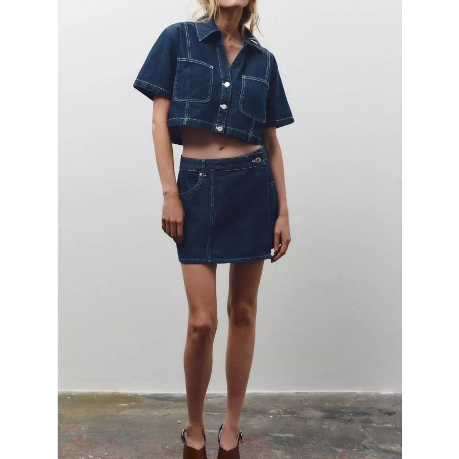 Button Up Short Sleeve Top and Skort Denim Set Apparel and Accessories