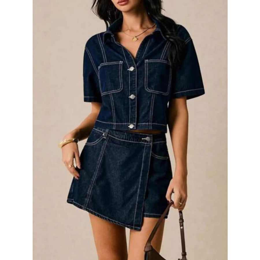 Button Up Short Sleeve Top and Skort Denim Set Apparel and Accessories