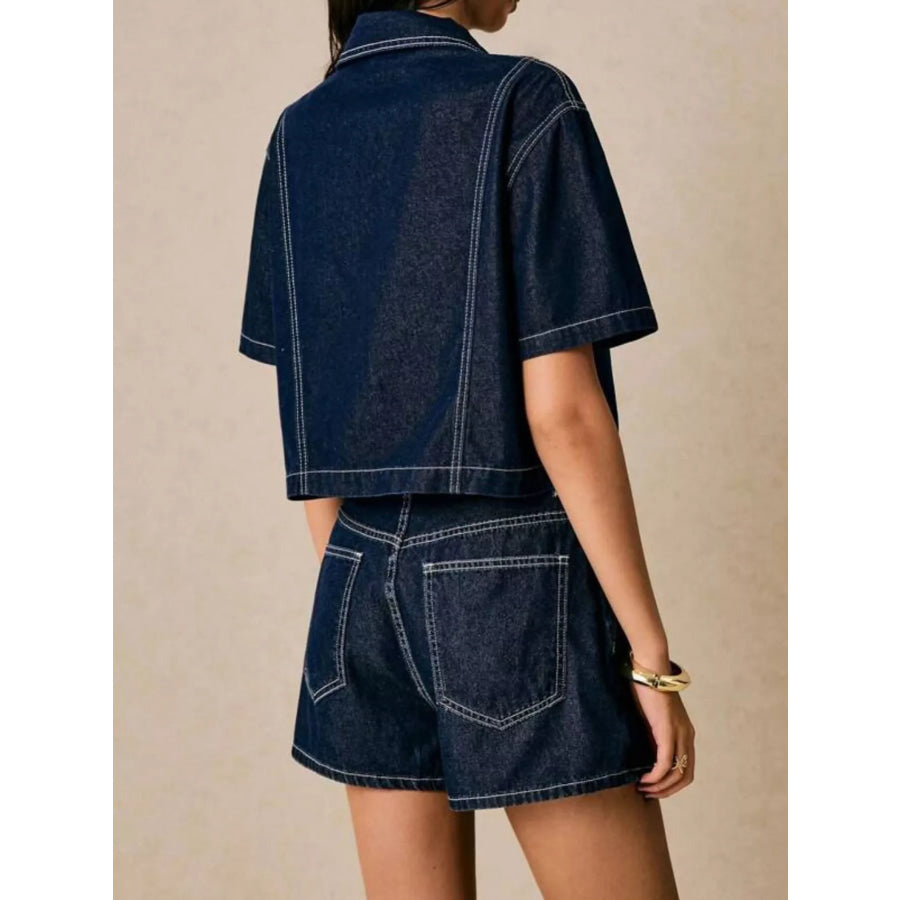 Button Up Short Sleeve Top and Skort Denim Set Apparel and Accessories