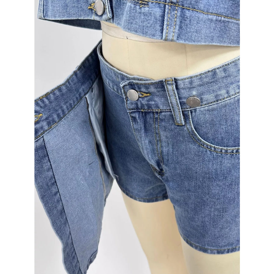 Button Up Short Sleeve Top and Skort Denim Set Apparel and Accessories