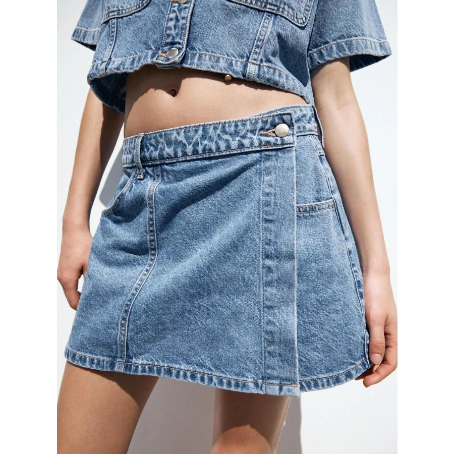 Button Up Short Sleeve Top and Skort Denim Set Apparel and Accessories