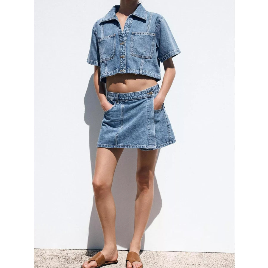 Button Up Short Sleeve Top and Skort Denim Set Apparel and Accessories