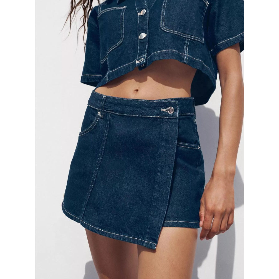 Button Up Short Sleeve Top and Skort Denim Set Apparel and Accessories