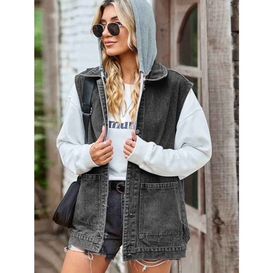 Button Up Sleeveless Denim Jacket with Pockets Black / S