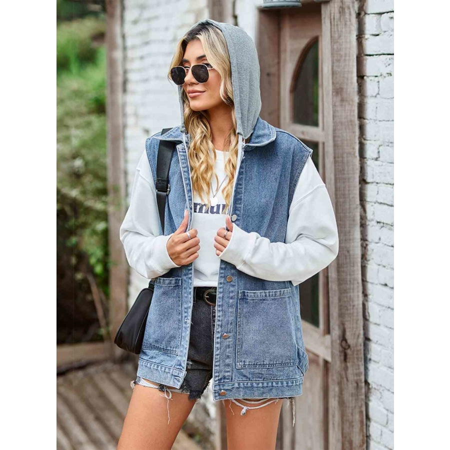 Button Up Sleeveless Denim Jacket with Pockets