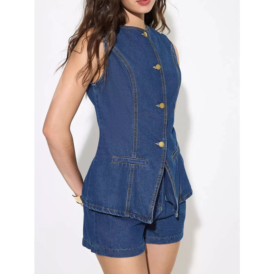 Button Up Sleeveless Denim Top and Shorts Set Apparel and Accessories