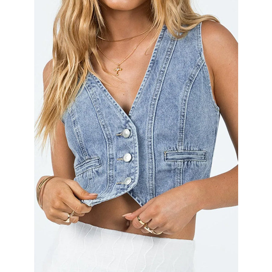 Button Up Sleeveless Denim Top Light Blue / S Apparel and Accessories