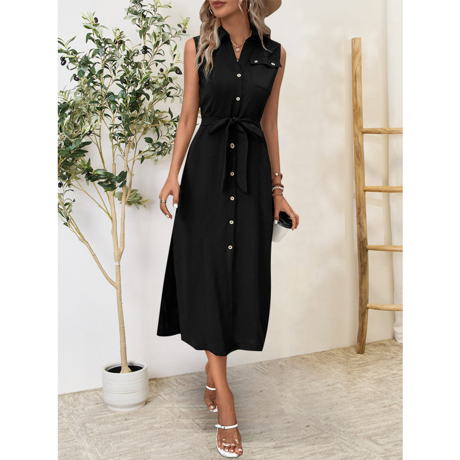 Button Up Sleeveless Midi Dress Black / S Apparel and Accessories