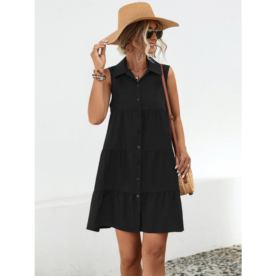 Button Up Sleeveless Mini Dress Black / S Apparel and Accessories