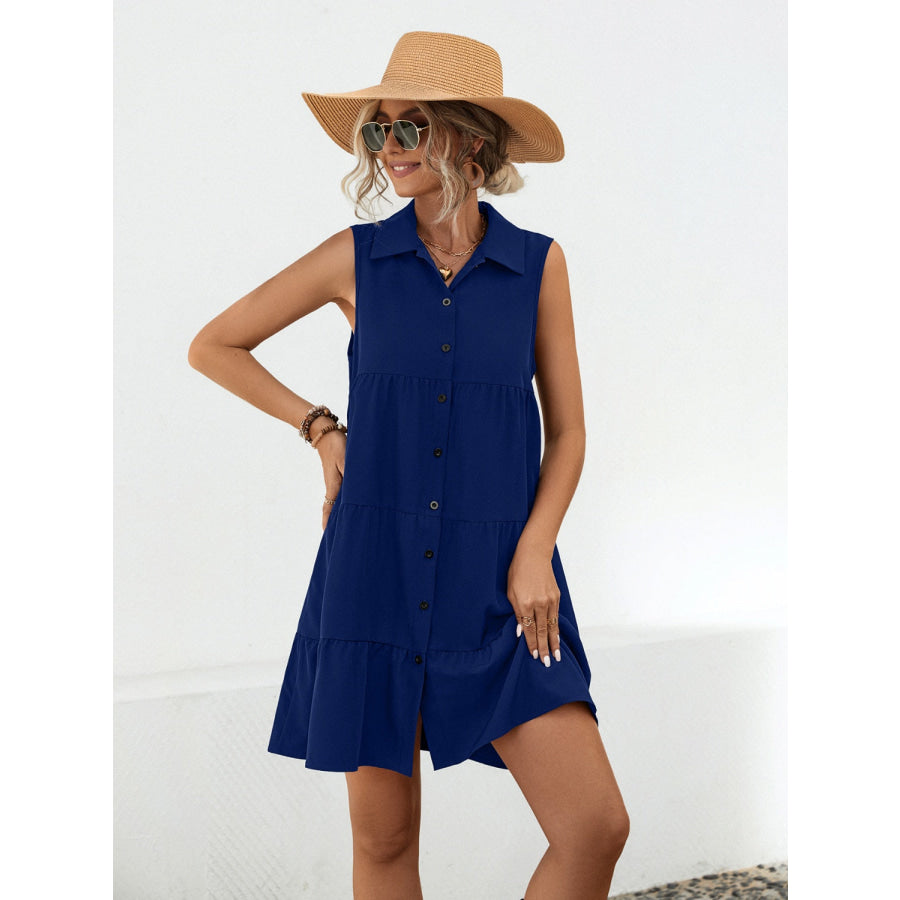 Button Up Sleeveless Mini Dress Navy / S Apparel and Accessories