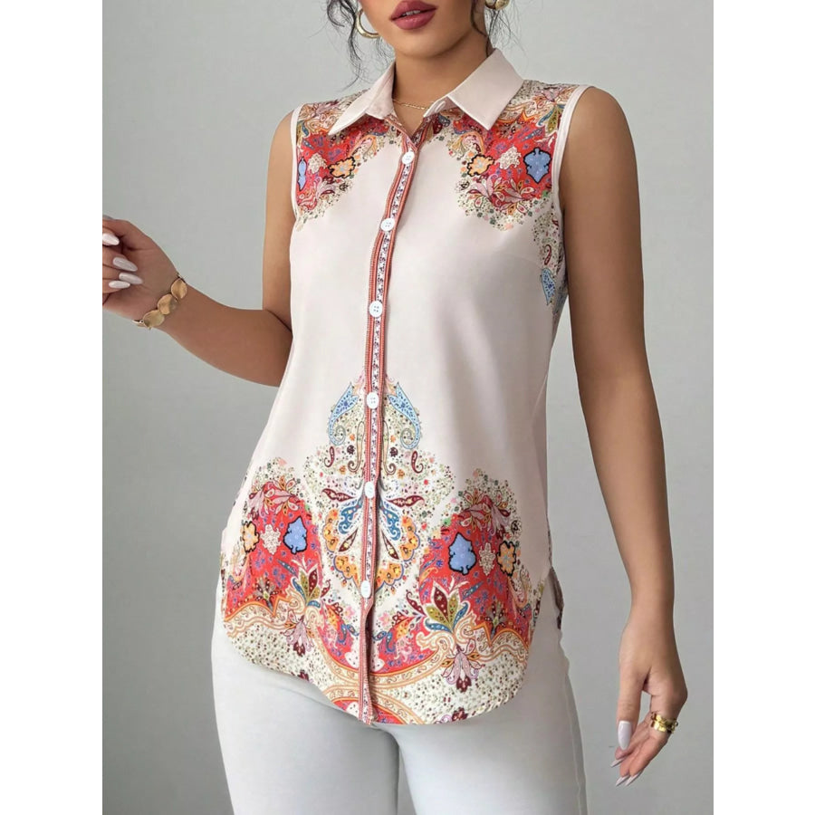 Button Up Sleeveless Shirt Apricot Flower / S Apparel and Accessories