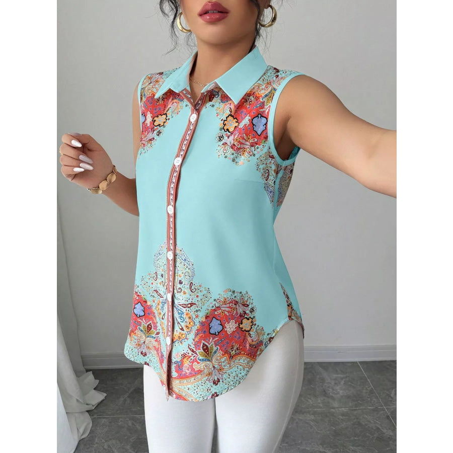 Button Up Sleeveless Shirt Blue Flower / S Apparel and Accessories