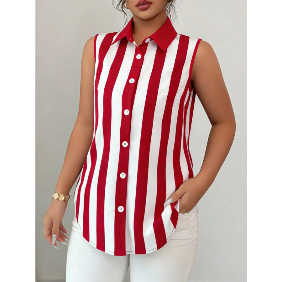Button Up Sleeveless Shirt Red Stripes / S Apparel and Accessories