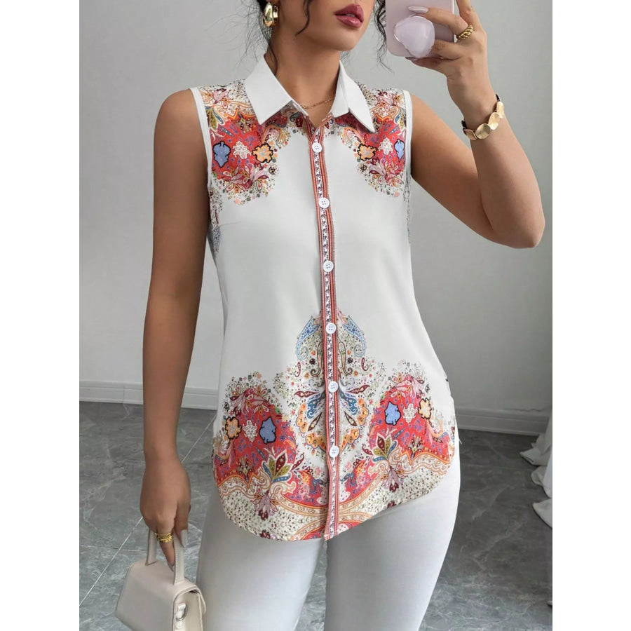 Button Up Sleeveless Shirt White Flower / S Apparel and Accessories