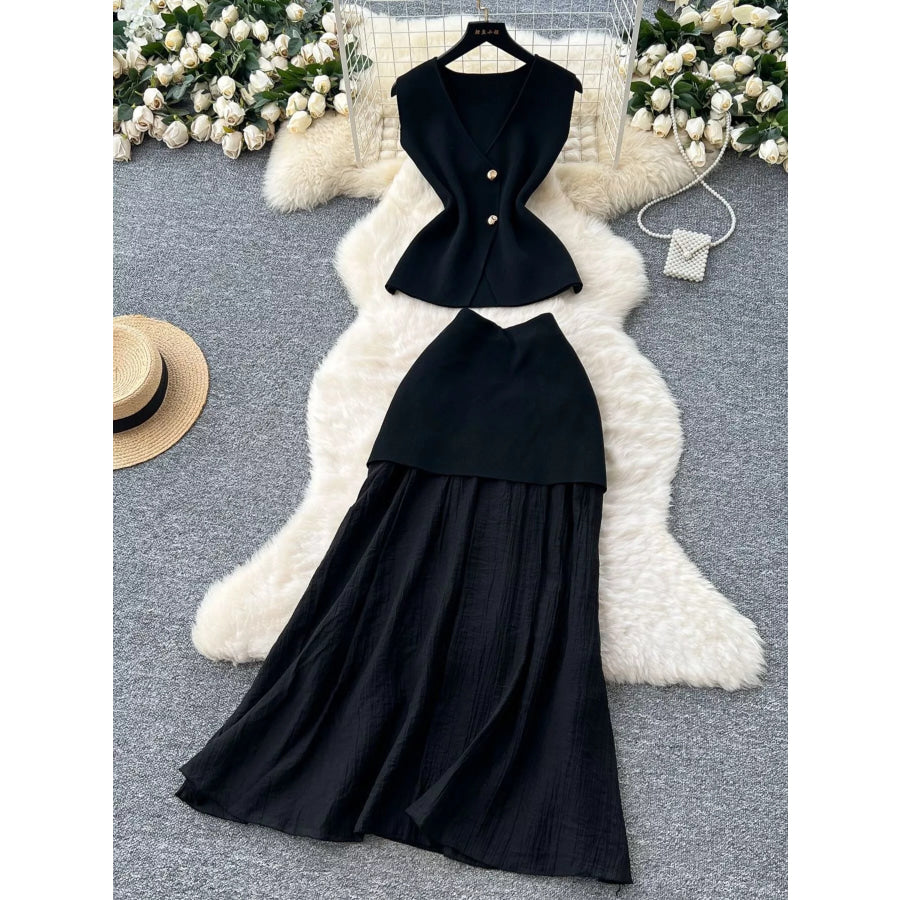 Button Up Sleeveless Top and Skirt Set Black / One Size Apparel and Accessories