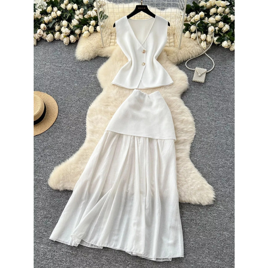 Button Up Sleeveless Top and Skirt Set White / One Size Apparel and Accessories