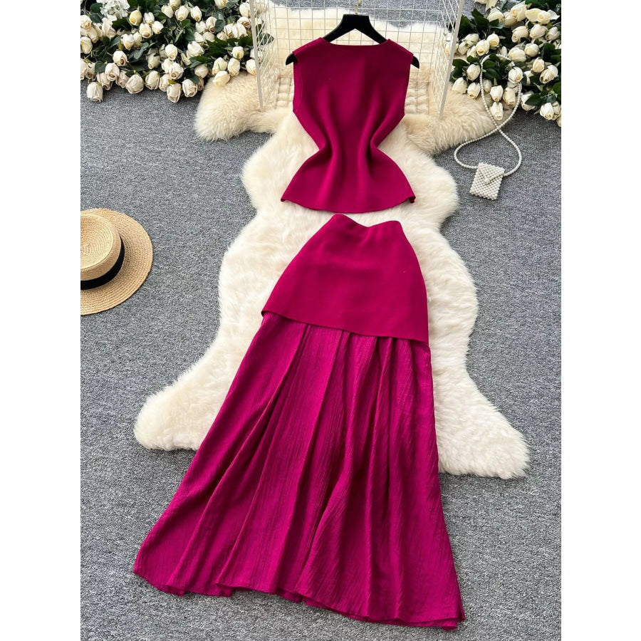 Button Up Sleeveless Top and Skirt Set Wine Red / One Size Apparel and Accessories
