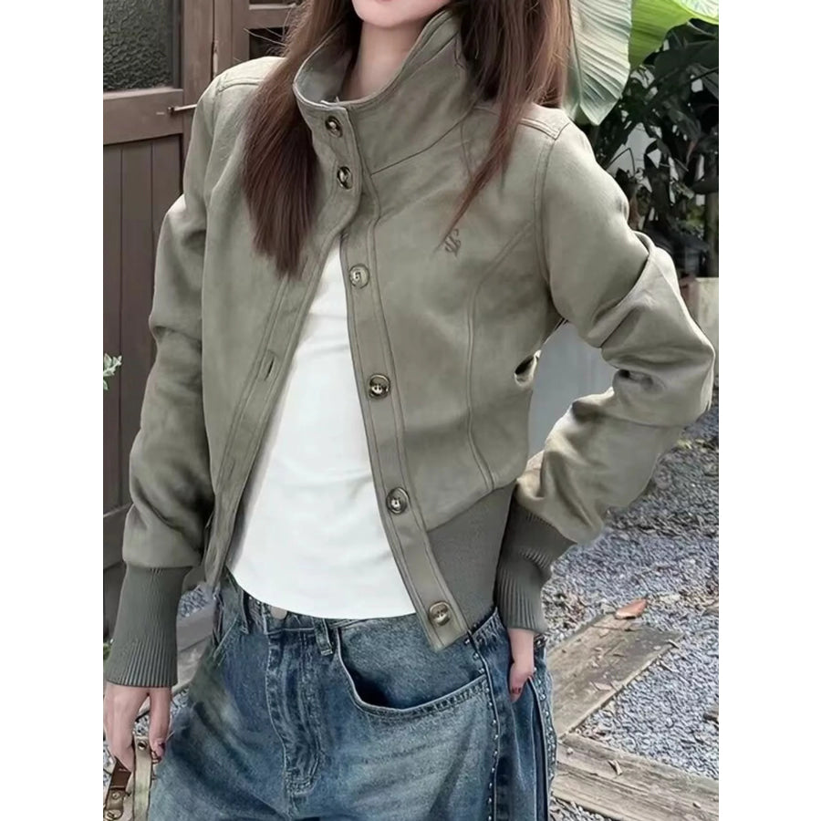 Button Up Stand-Up Collar Jacket Gray Green / S Apparel and Accessories