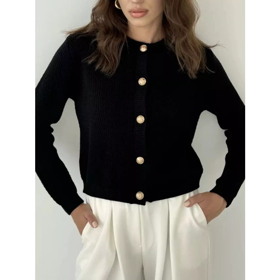 Button Up Texture Knit Cardigan Black / S Apparel and Accessories