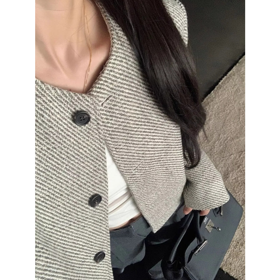 Button Up Tweed Cropped Jacket Light Gray / S Apparel and Accessories