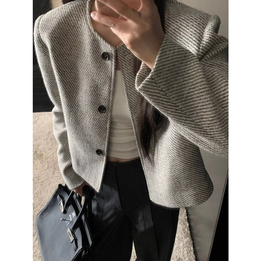 Button Up Tweed Cropped Jacket Light Gray / S Apparel and Accessories