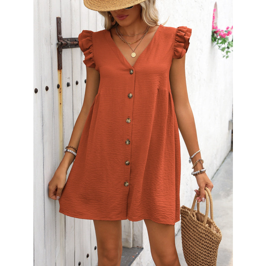 Button Up V-Neck Cap Sleeve Mini Dress Apparel and Accessories