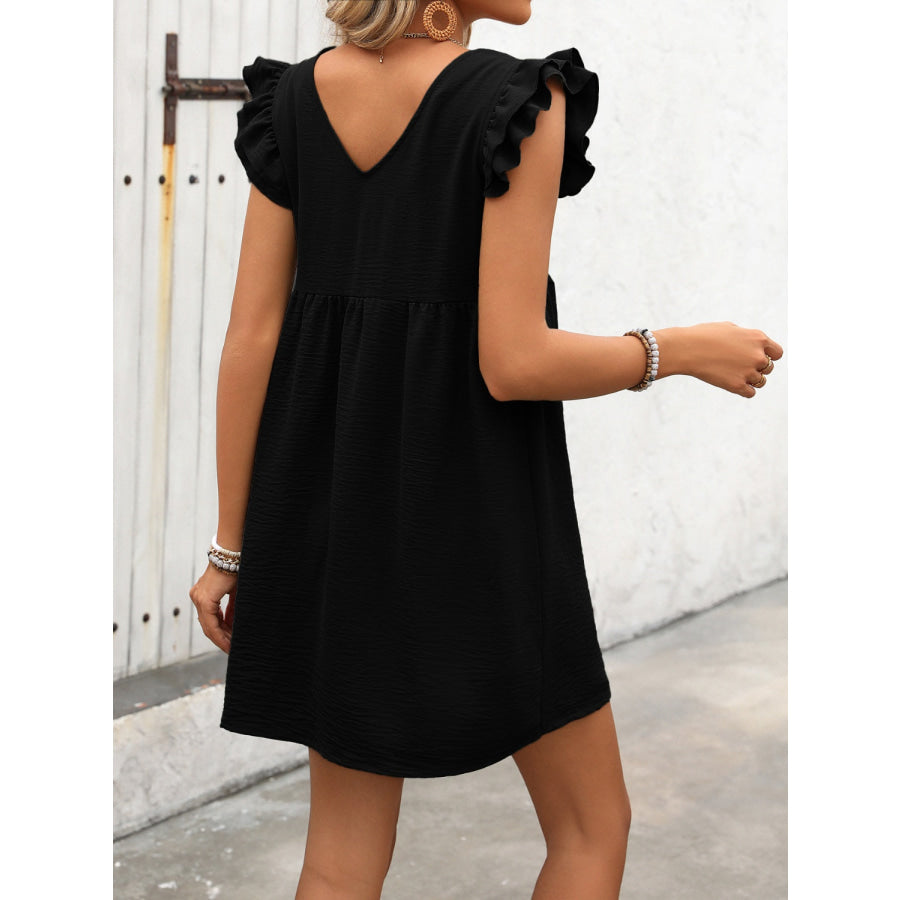 Button Up V-Neck Cap Sleeve Mini Dress Apparel and Accessories