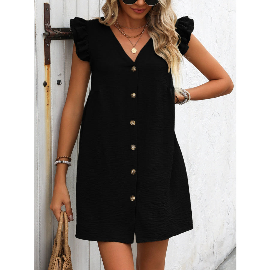 Button Up V-Neck Cap Sleeve Mini Dress Apparel and Accessories