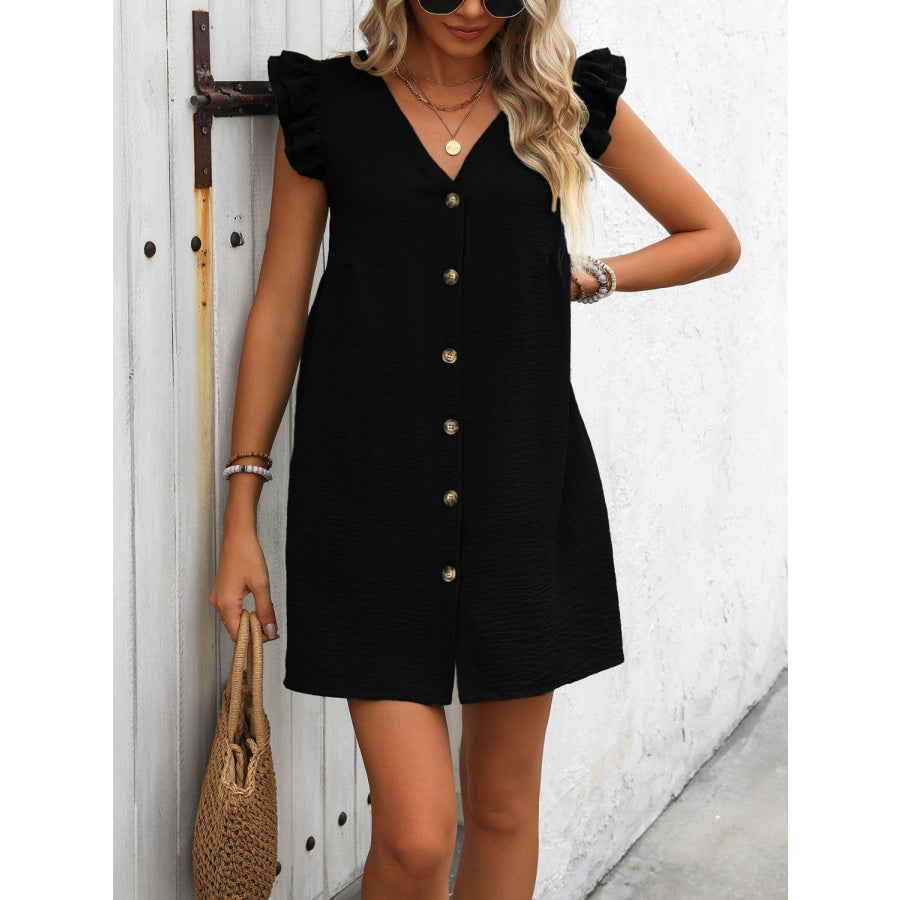 Button Up V-Neck Cap Sleeve Mini Dress Apparel and Accessories