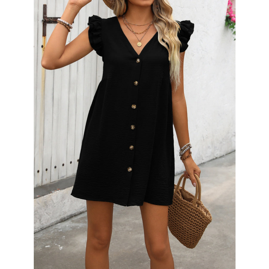 Button Up V-Neck Cap Sleeve Mini Dress Apparel and Accessories