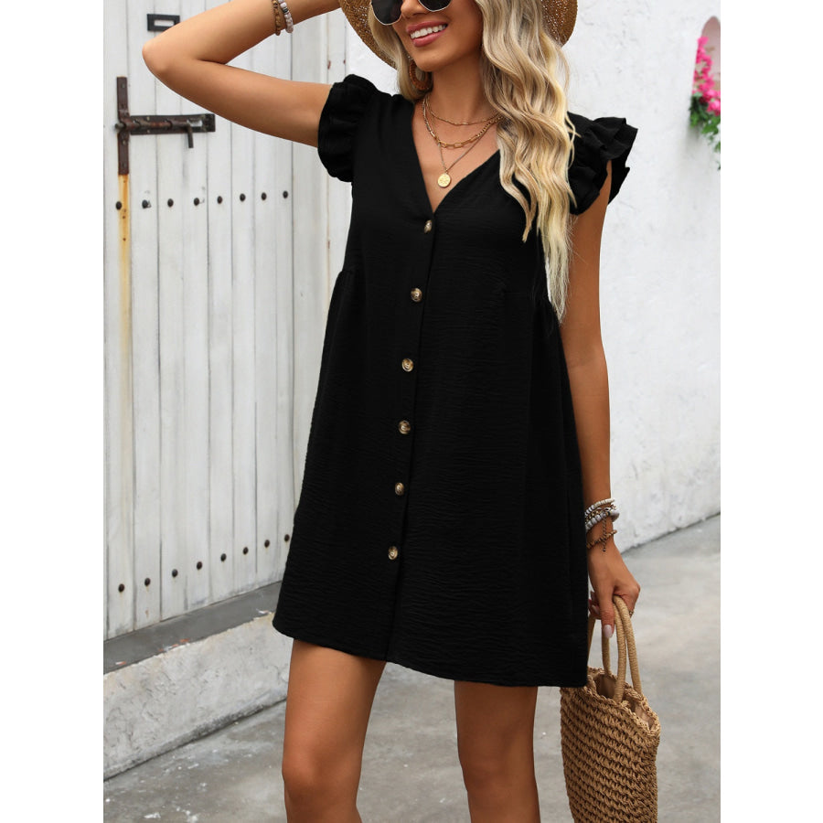 Button Up V-Neck Cap Sleeve Mini Dress Apparel and Accessories