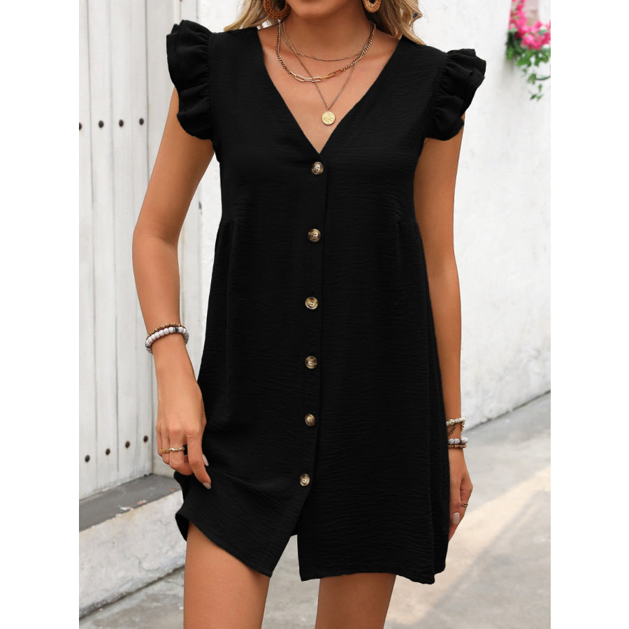 Button Up V-Neck Cap Sleeve Mini Dress Apparel and Accessories