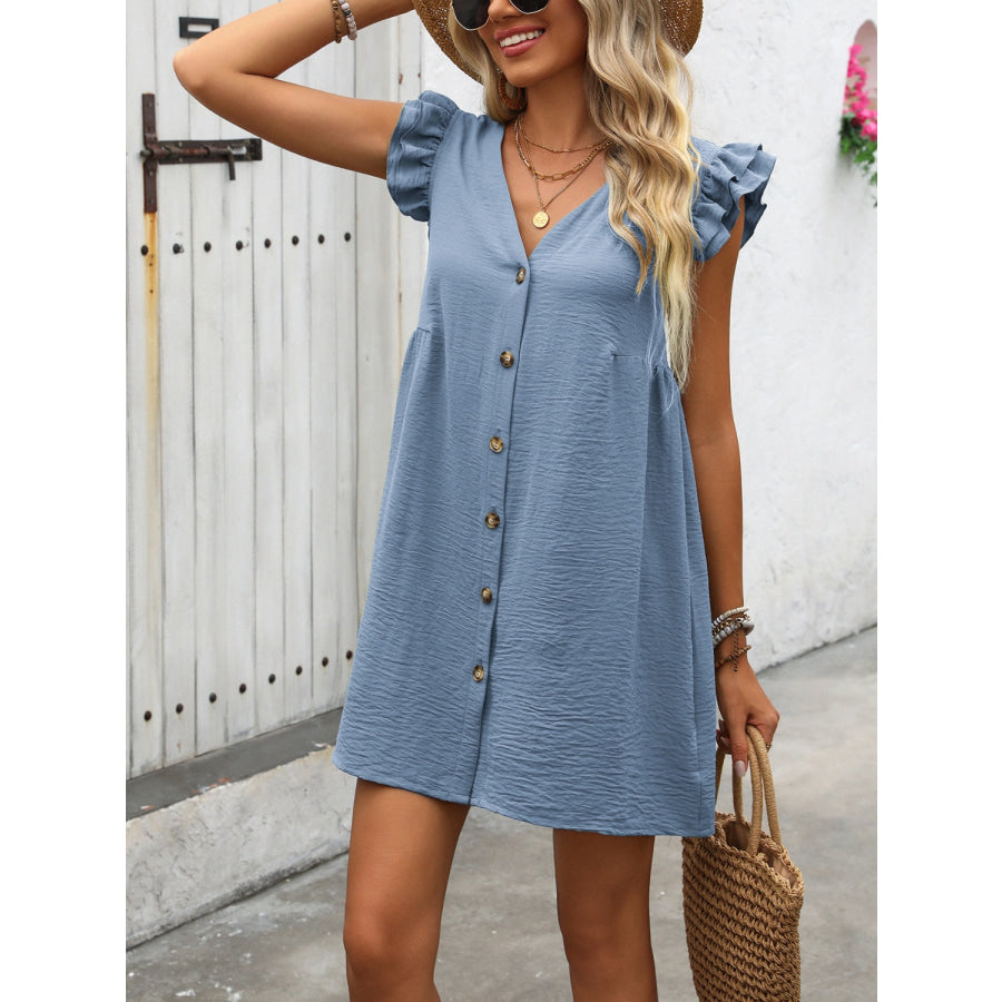 Button Up V-Neck Cap Sleeve Mini Dress Apparel and Accessories