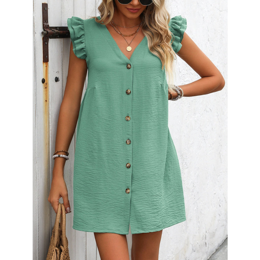 Button Up V-Neck Cap Sleeve Mini Dress Apparel and Accessories