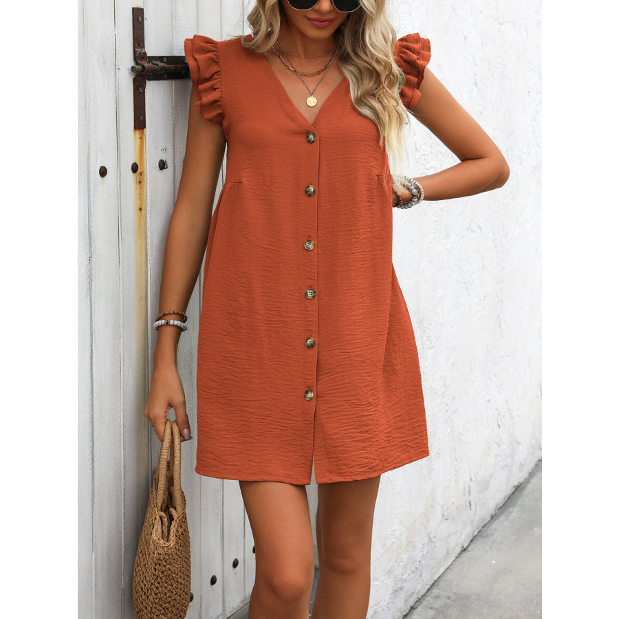 Button Up V-Neck Cap Sleeve Mini Dress Apparel and Accessories