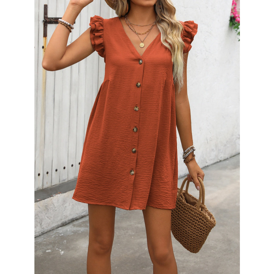 Button Up V-Neck Cap Sleeve Mini Dress Apparel and Accessories