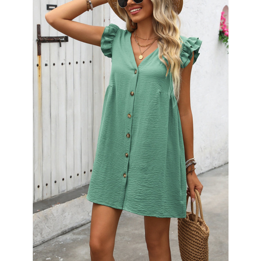 Button Up V-Neck Cap Sleeve Mini Dress Apparel and Accessories