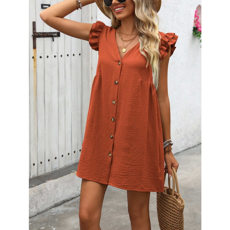 Button Up V-Neck Cap Sleeve Mini Dress Apparel and Accessories