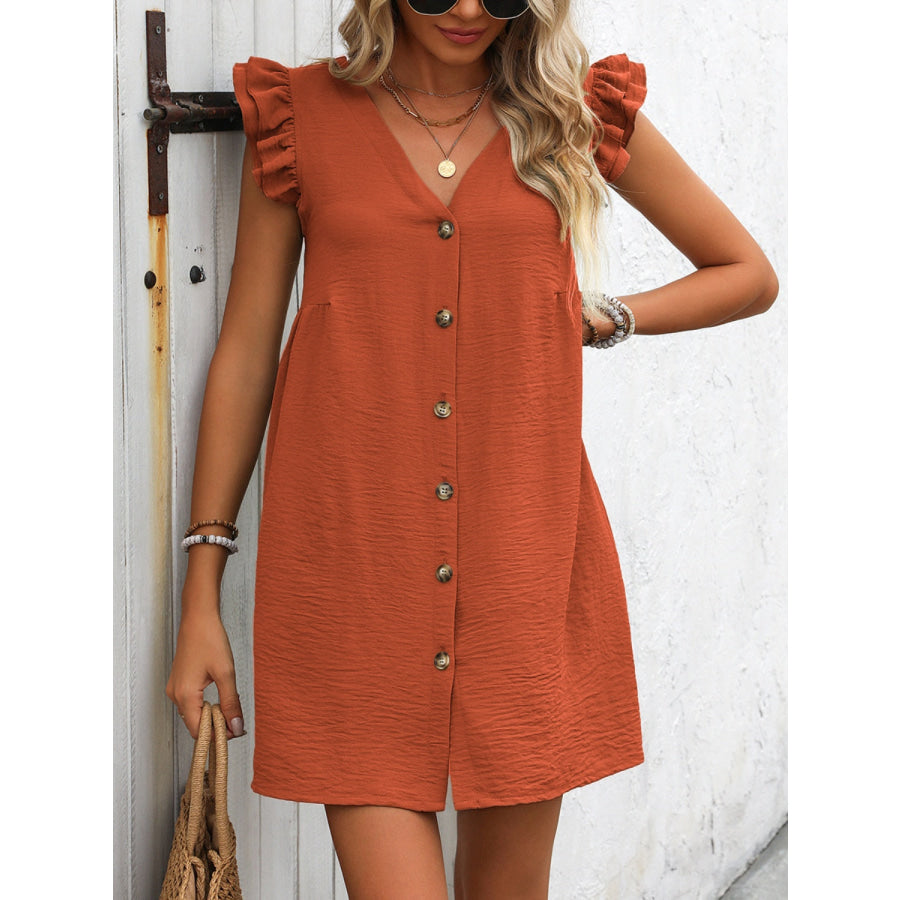 Button Up V-Neck Cap Sleeve Mini Dress Apparel and Accessories