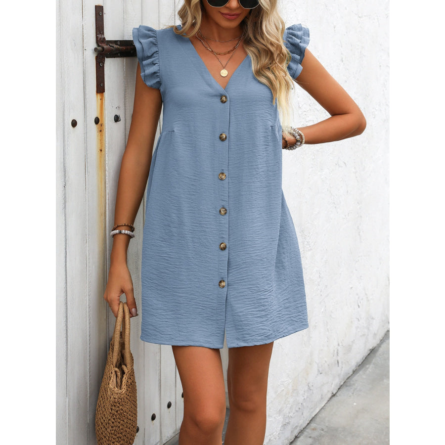 Button Up V-Neck Cap Sleeve Mini Dress Apparel and Accessories