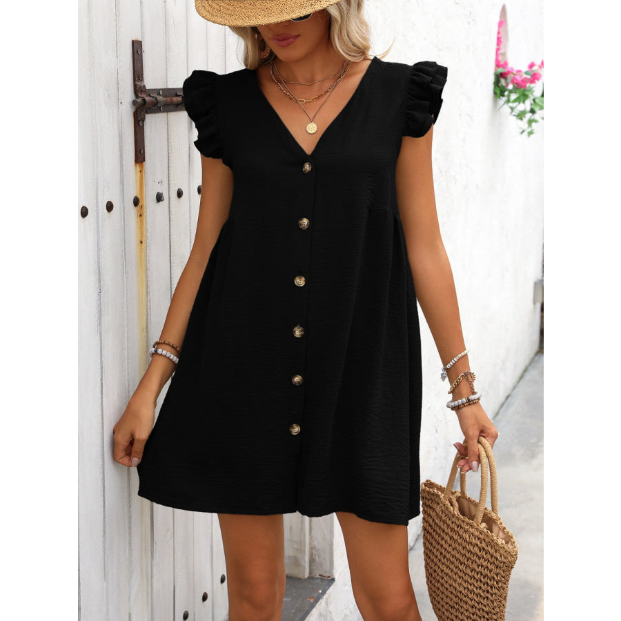 Button Up V-Neck Cap Sleeve Mini Dress Black / S Apparel and Accessories