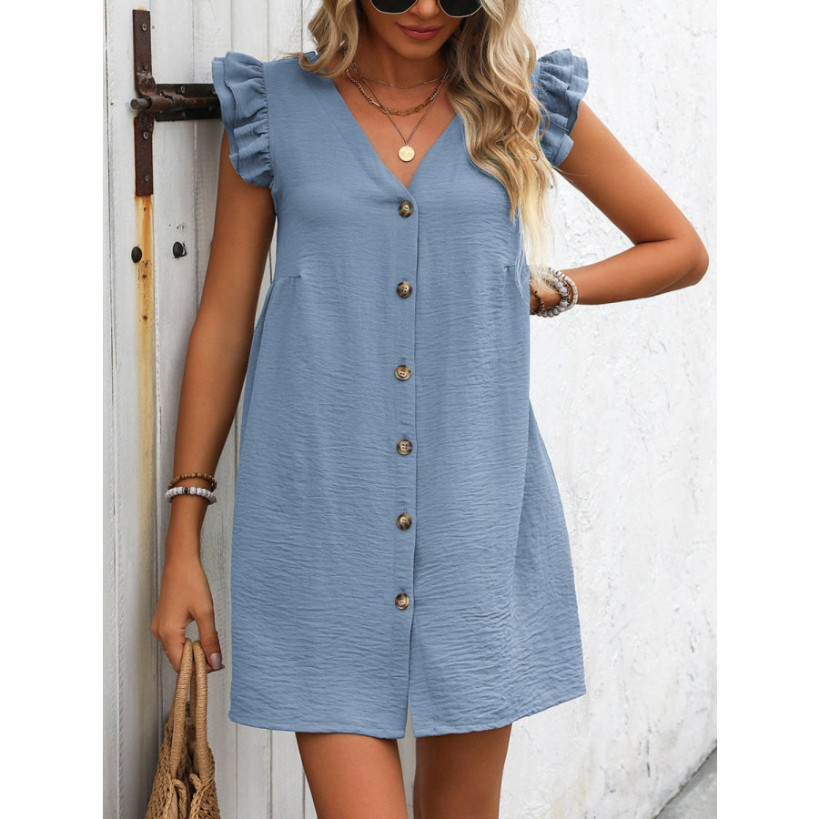 Button Up V-Neck Cap Sleeve Mini Dress Light Blue / S Apparel and Accessories