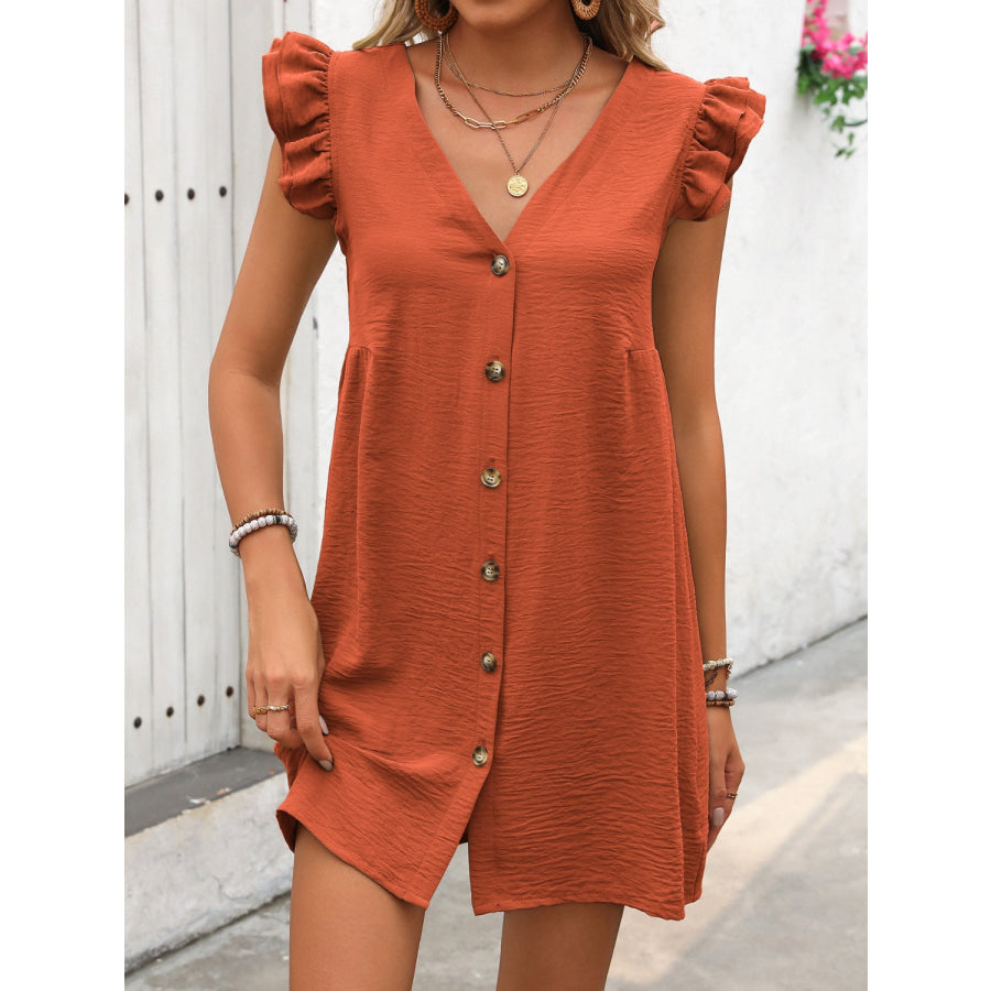 Button Up V-Neck Cap Sleeve Mini Dress Orange-Red / S Apparel and Accessories