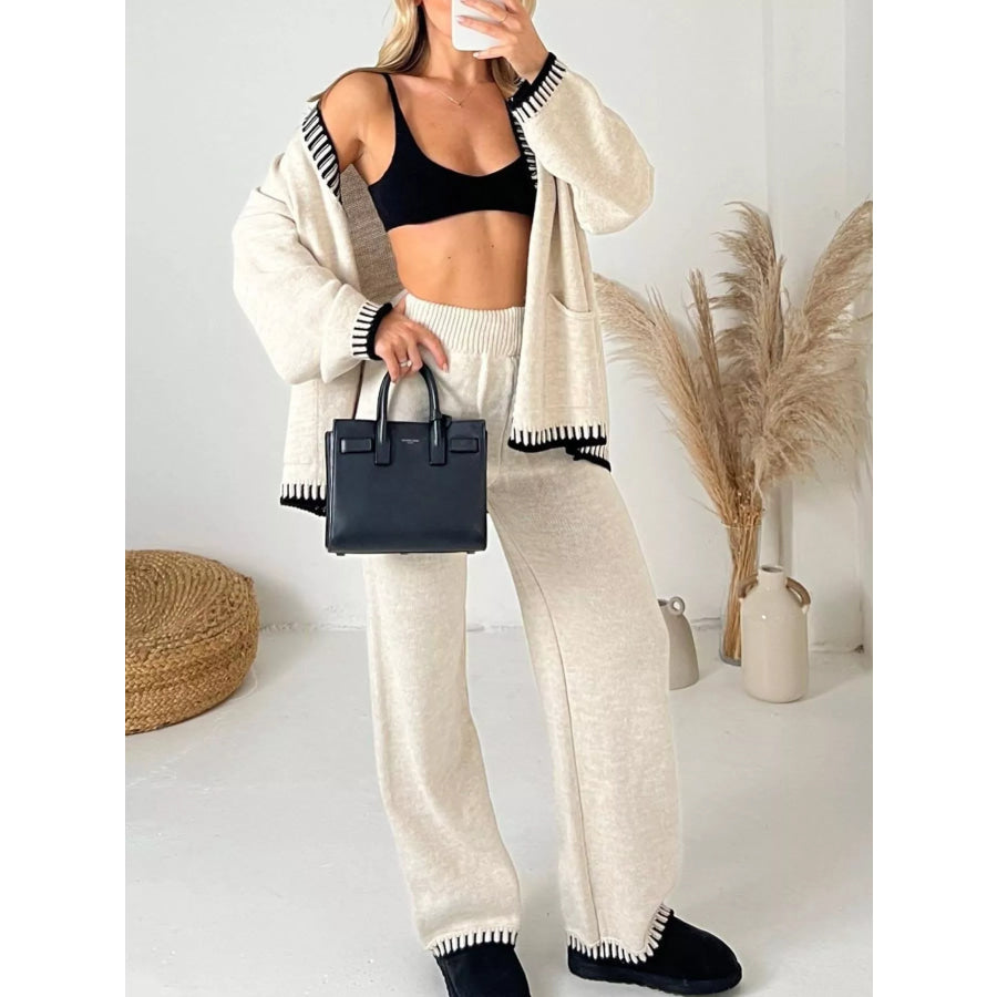 Button Up V-Neck Cardigan and Pants Sweater Set Beige / S Apparel and Accessories