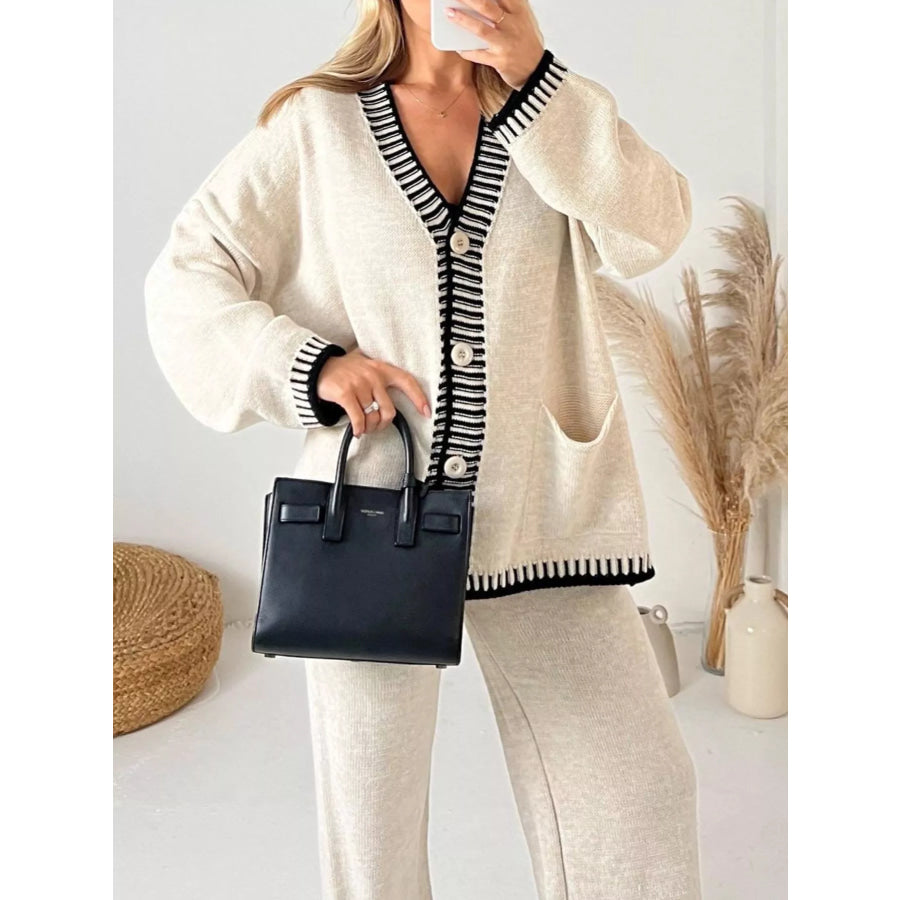 Button Up V-Neck Cardigan and Pants Sweater Set Apparel and Accessories
